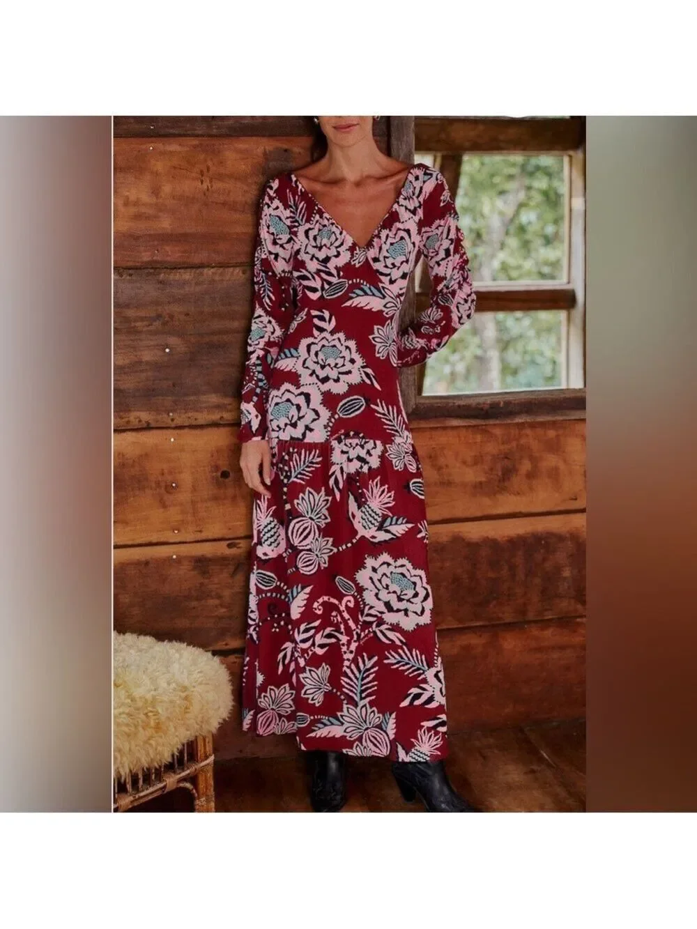 Farm Rio Burgundy Pineapple Inspiration V Neck Maxi Dress
